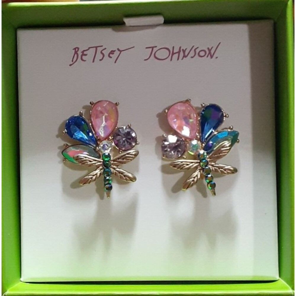 NEW BETSEY JOHNSON Dragonfly Earrings Rhinestones Stud Sparkly Insect NIB